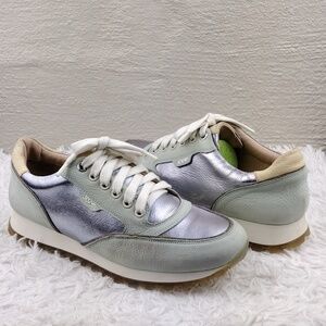 JOOP! Silver Metallic Gray Leather Upper Almond Toe Low Top Lace Up Sneaker